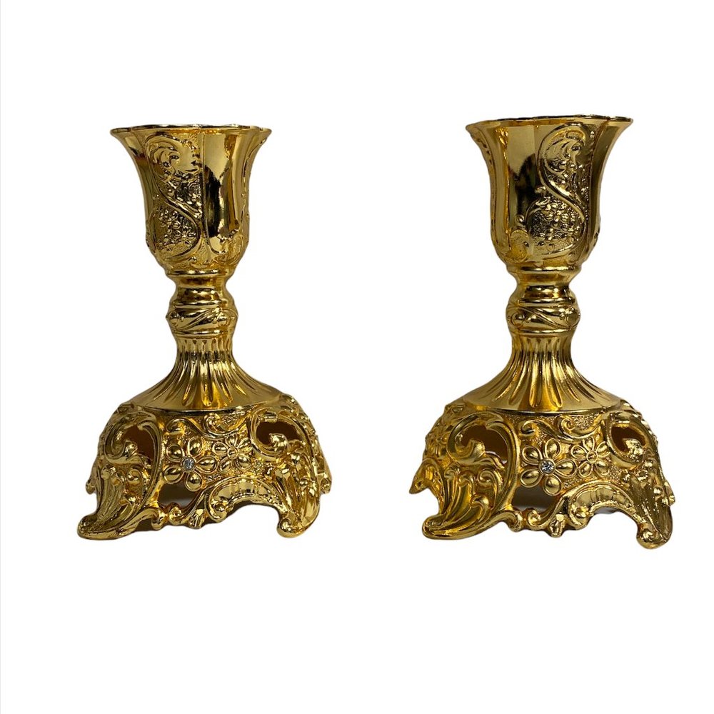Elegant Gold Taper Candle Holders JAZPlayer Deluxe Engraved Design 4" Set Of 2